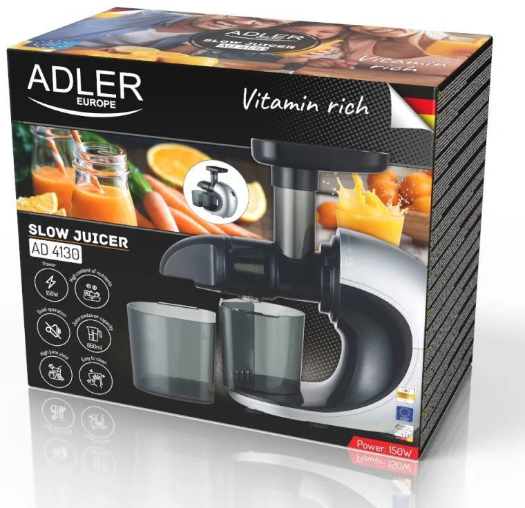 Storcator de fructe Slow juicer Adler AD 4130, 150W, 605ML, 90-105 rpm, Rotatie inversa, Negru/Gri