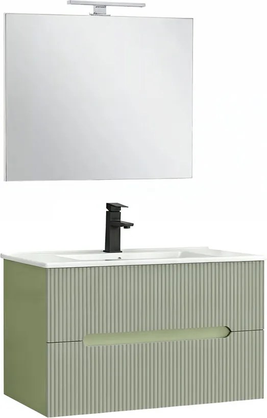 Trent Mobilier de baie 80 cm chiuvetă ceramică (2 sertare) cu oglindă 60x80 cm verde fistic-verde-oliv