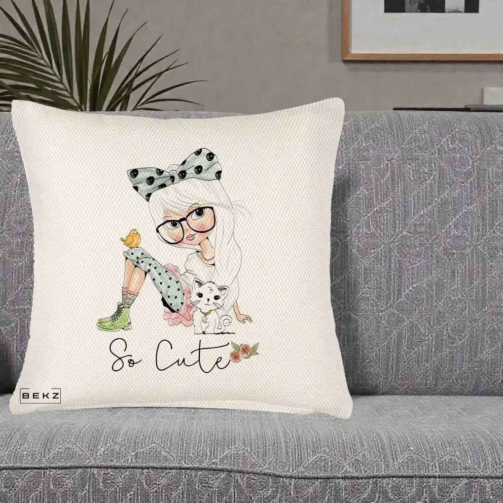 Perna Decorativa So Cute Fata Fashion, 40x40 cm, Crem Reliefat, Husa Detasabila, Perna Inclusa, BEKZ®
