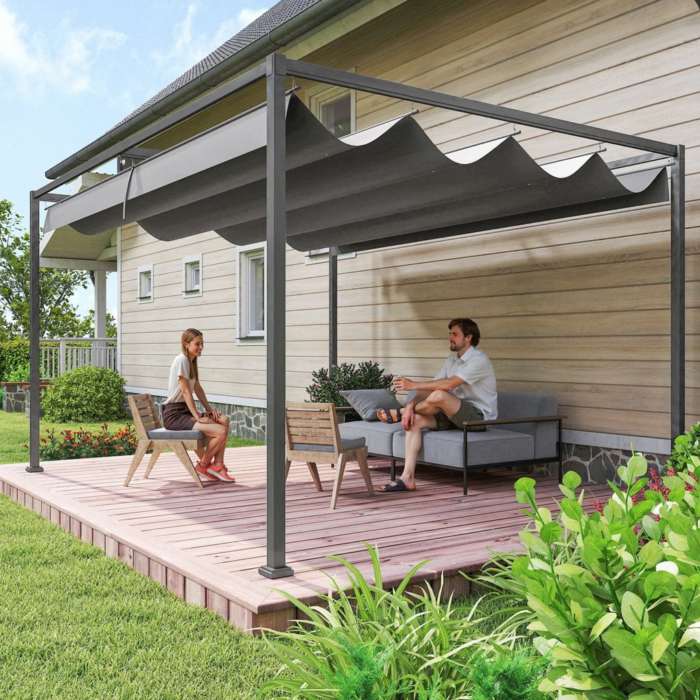 Outsunny Pergolă Gazebo 4x3 m cu Acoperiș Retractabil, Orificii de Drenaj, Țepușe și Șuruburi, Pergolă pentru Grădină din Poliester și Metal, Gri Închis | Aosom Romania