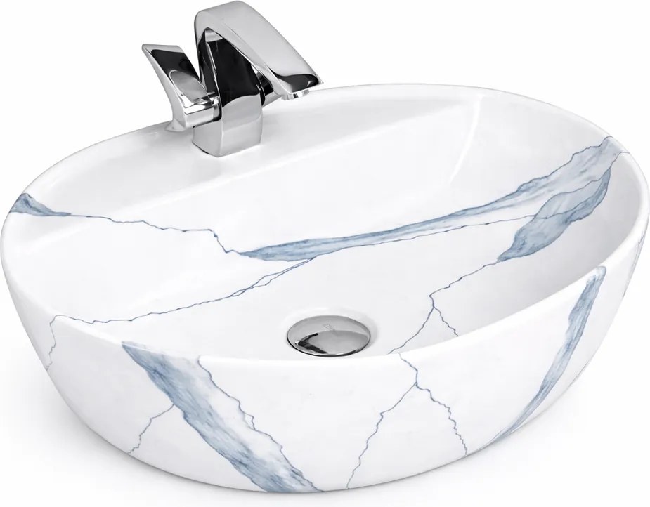 MONTERO-M 60 || Lavoar montat pe blat, ceramică, alb, cu model marmură, rotunjit