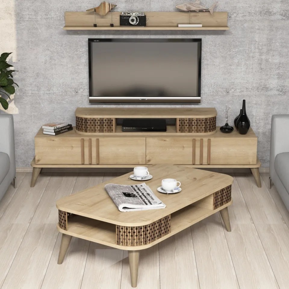 Set Comoda TV si Masuta de Cafea Living Eylül, Stejar