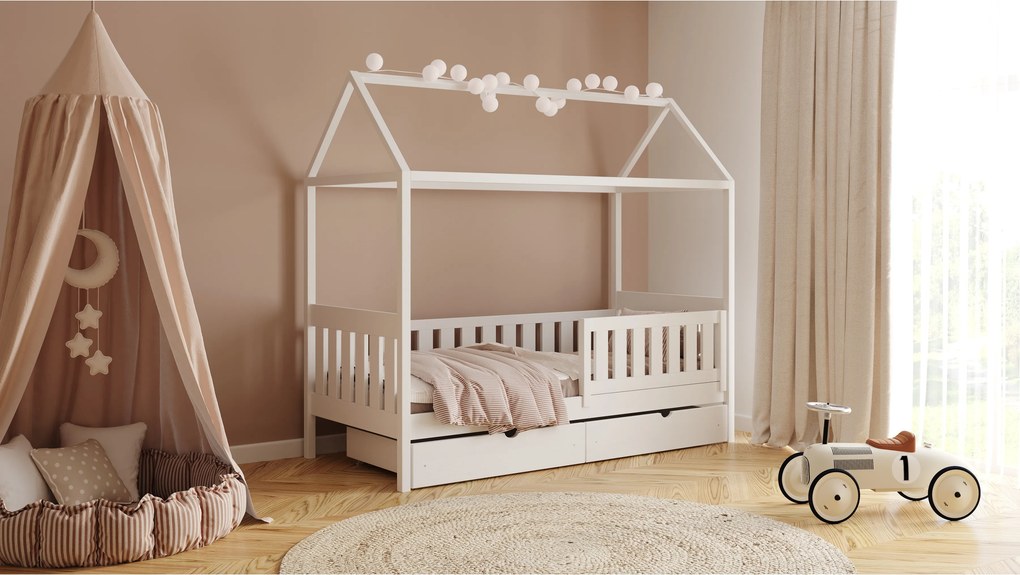 Pat supraetajat tip căsuță Nemos II pentru copii 80x180 cu sertare - culoare alb