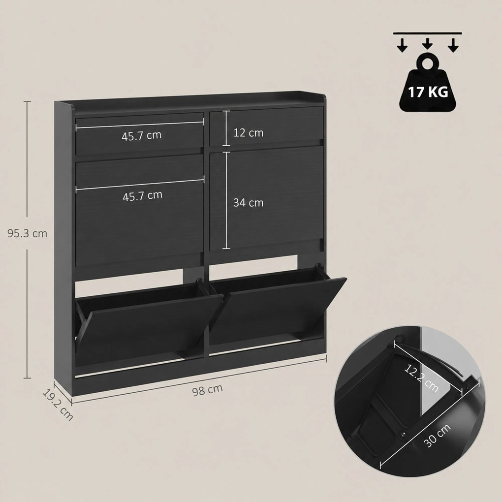 HOMCOM Pantofar Slim din Lemn cu 4 Sertare Rabatabile și 2 Sertare Glisante, 98 x 19,2 x 95,3 cm, Negru | Aosom Romania