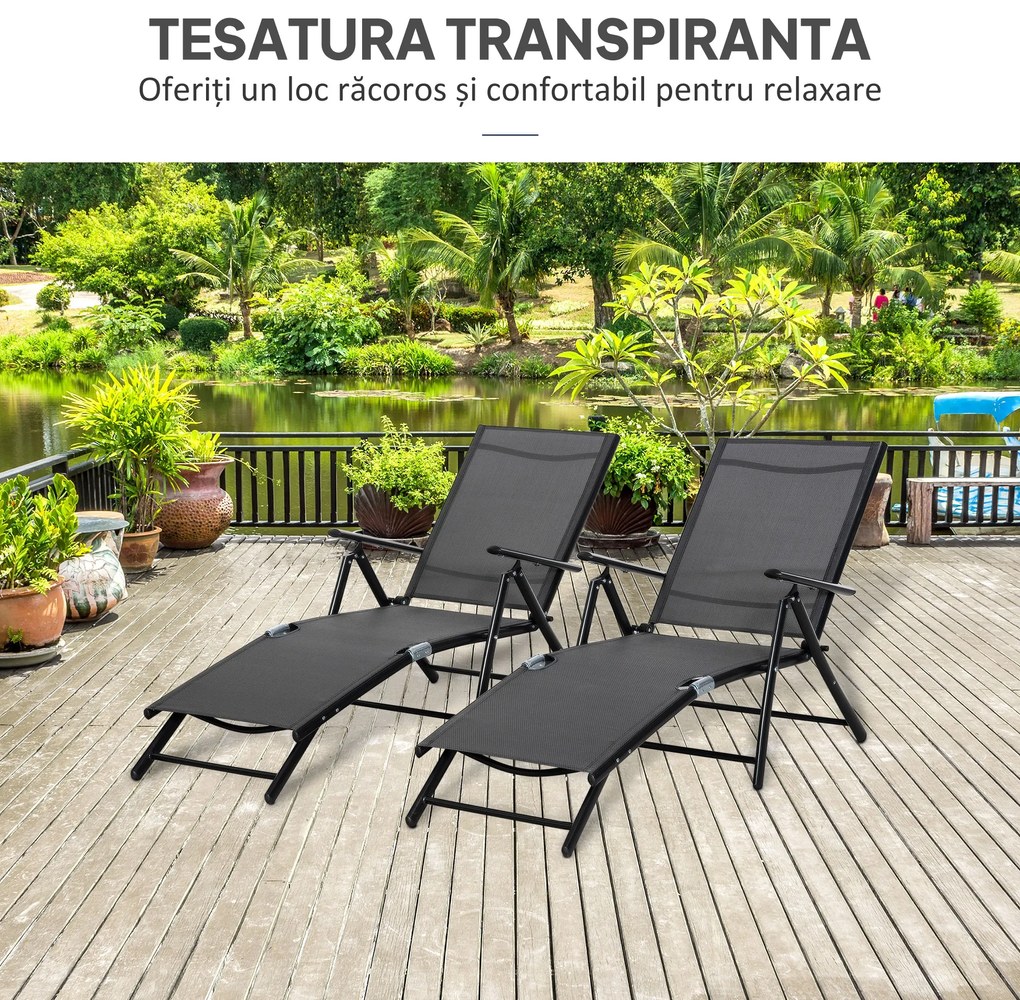 Outsunny Set 2 Sezlonguri de Gradina Pliabile, Spatar Reglabil, Cadru din Aluminiu, Confortabil, Negru, Ideal pentru Relaxare | Aosom Romania