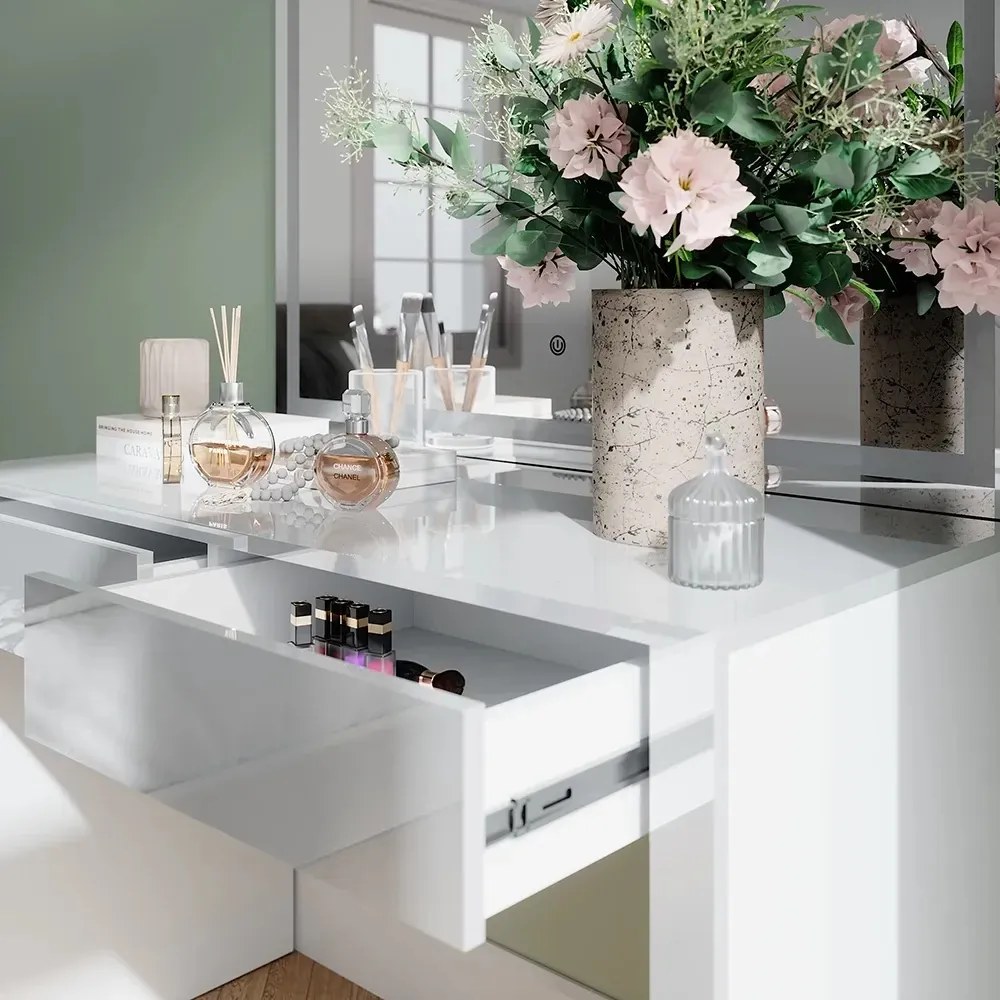 SEA813 - Set Masa toaleta, 110 cm, moderna cosmetica machiaj oglinda cu LED, masuta vanity cu sau fără Scaun - Alb Lucios