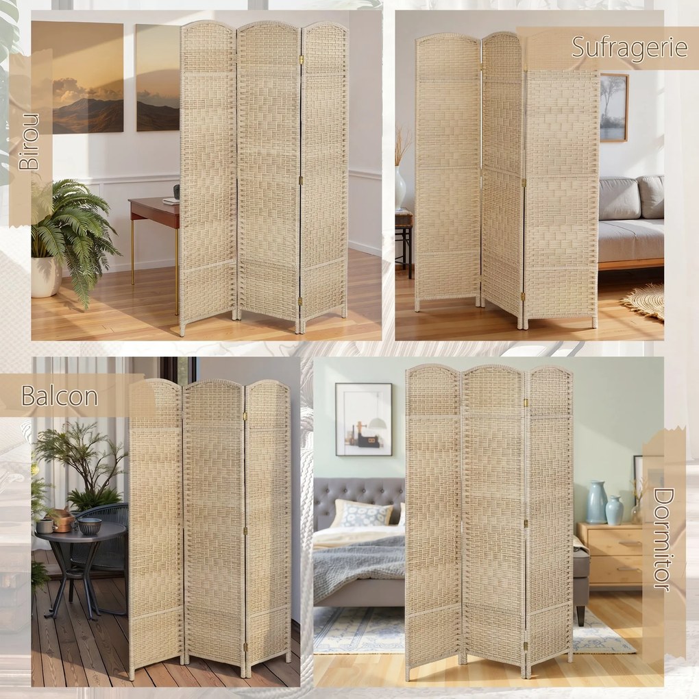 HOMCOM Paravan Interior cu 3 Panouri Pliabil, 135x180 cm, Separatoare Împletit din PP și Lemn de Pin, Stejar | Aosom Romania