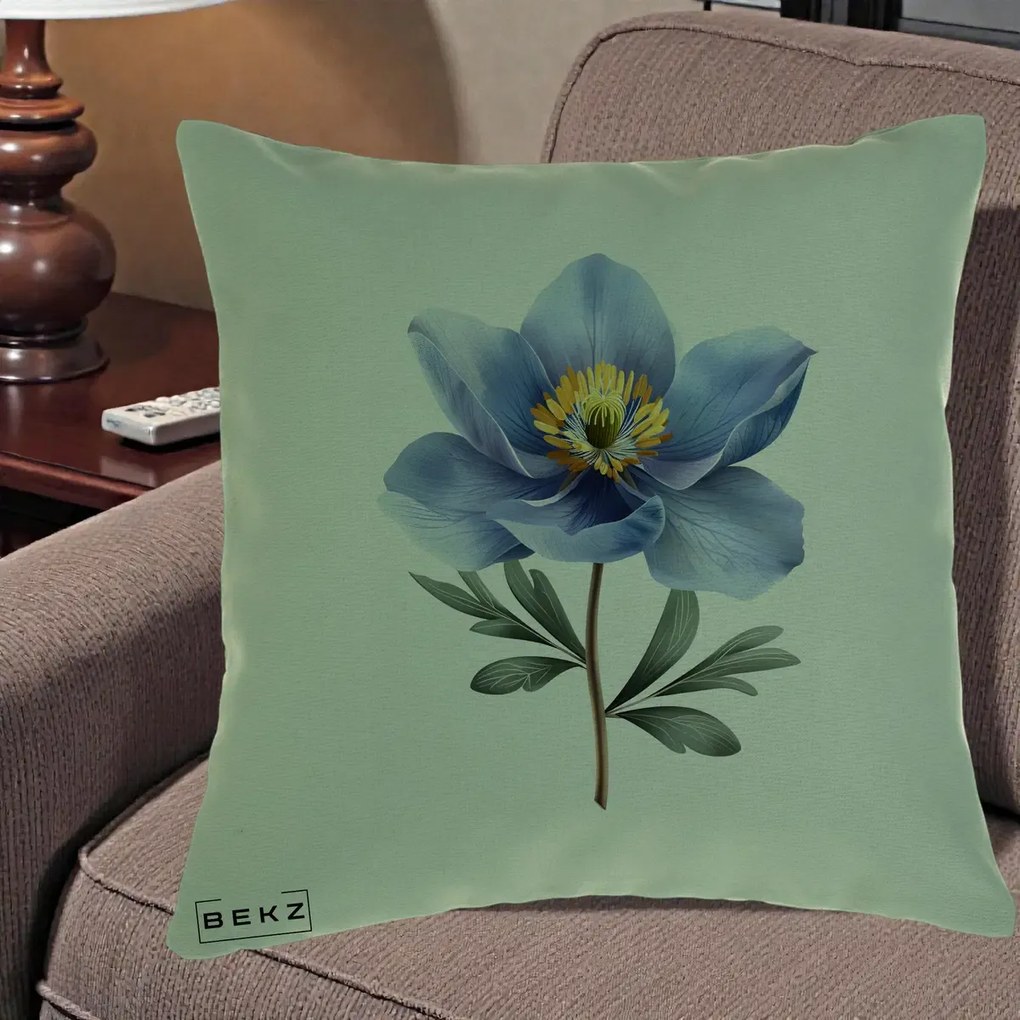 Perna Decorativa Anemona Albastra Botanica, 40x40 cm, Verde, Husa Detasabila, Perna Inclusa, BEKZ®