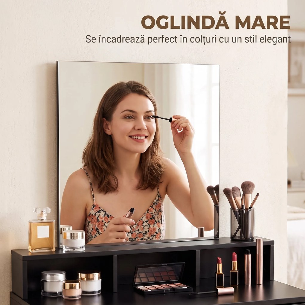 HOMCOM Masă de Toaletă cu Oglindă, 3 Rafturi, 2 Sertare, 75x38x135 cm, Negru | Aosom Romania