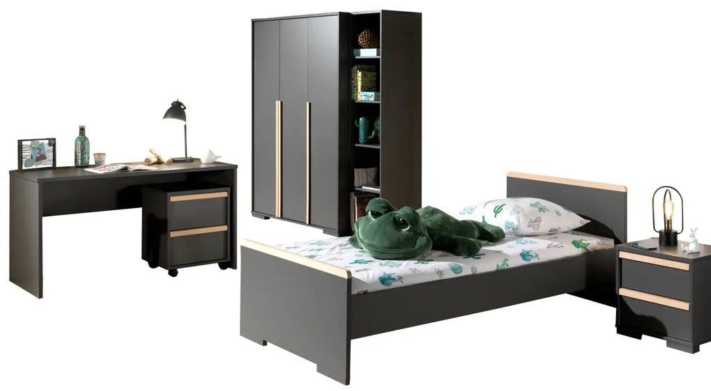 Set mobilier copii LONDON, pat 90x200 cm cu sertar pat suplimentar + noptieră 2 sertare soft-close + dulap 2 uși cu rafturi și bară + birou spațios +
