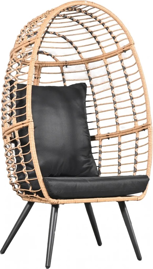 Scaun tip ou din ratan PE pentru grădină sau terasă, cu pernă groasă, material impermeabil, 74x83x146 cm, Negru/Bej