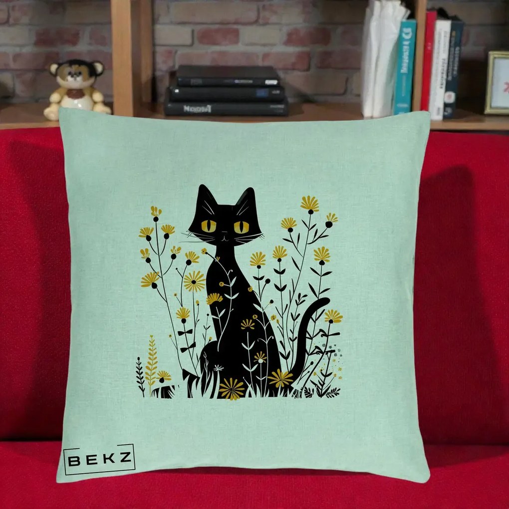 Perna Decorativa Pisica Neagra Ochi Galbeni Flori Galbene, 40x40 cm, Verde Menta, Husa Detasabila, Perna Inclusa, BEKZ®