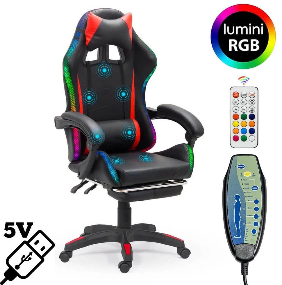 Scaun de gaming cu masaj si iluminare RGB din piele ecologica OFF 303 rosu cu negru