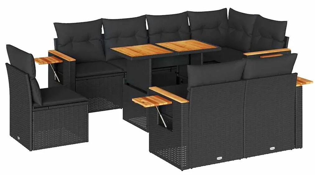 3327611 vidaXL Set mobilier grădină perne 9 piese negru poliratan/lemn acacia