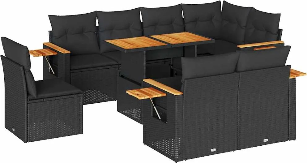 vidaXL Set mobilier grădină perne 9 piese negru poliratan/lemn acacia