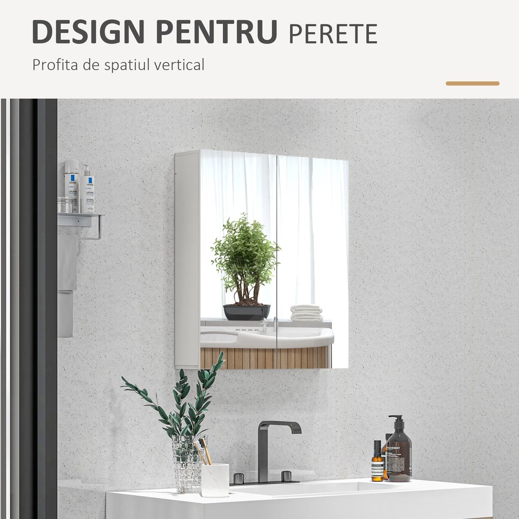kleankin Dulap de Baie cu Oglindă, 2 Uși Soft Close, 60x15x60 cm, Rafturi Ajustabile, Dulap Suspendat cu Economisire de Spațiu, Alb Lucios | Aosom Romania