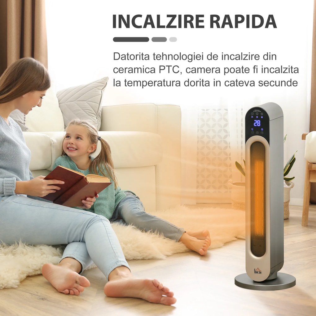 Incalzitor electric oscilant cu 3 moduri de incalzire cu temperatura reglabila si telecomanda, din ABS, Φ25x73,5 cm, argintiu HOMCOM | Aosom RO