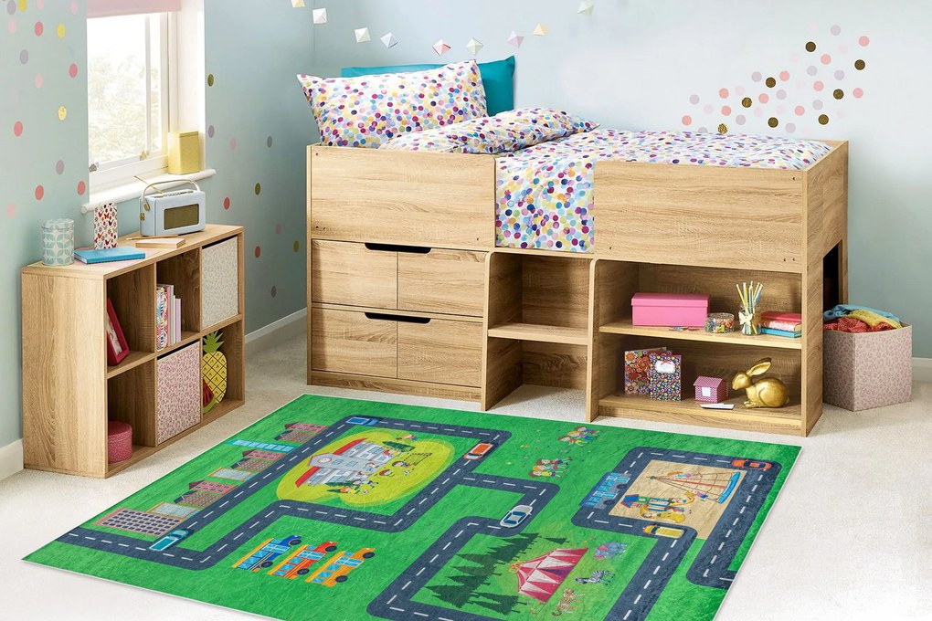 BAMBINO 2660 covor lavabil Oraș, străzi pentru copii anti-alunecare - verde / gri