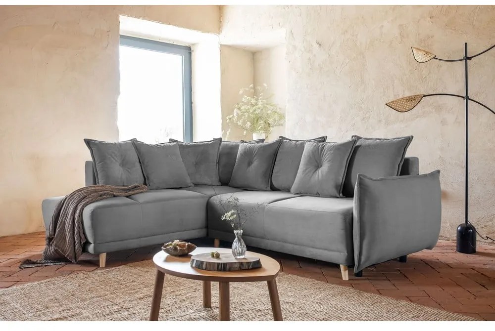 Colțar gri extensibil cu tapițerie din catifea reiată (colț stânga) Lazy Lukka – Miuform