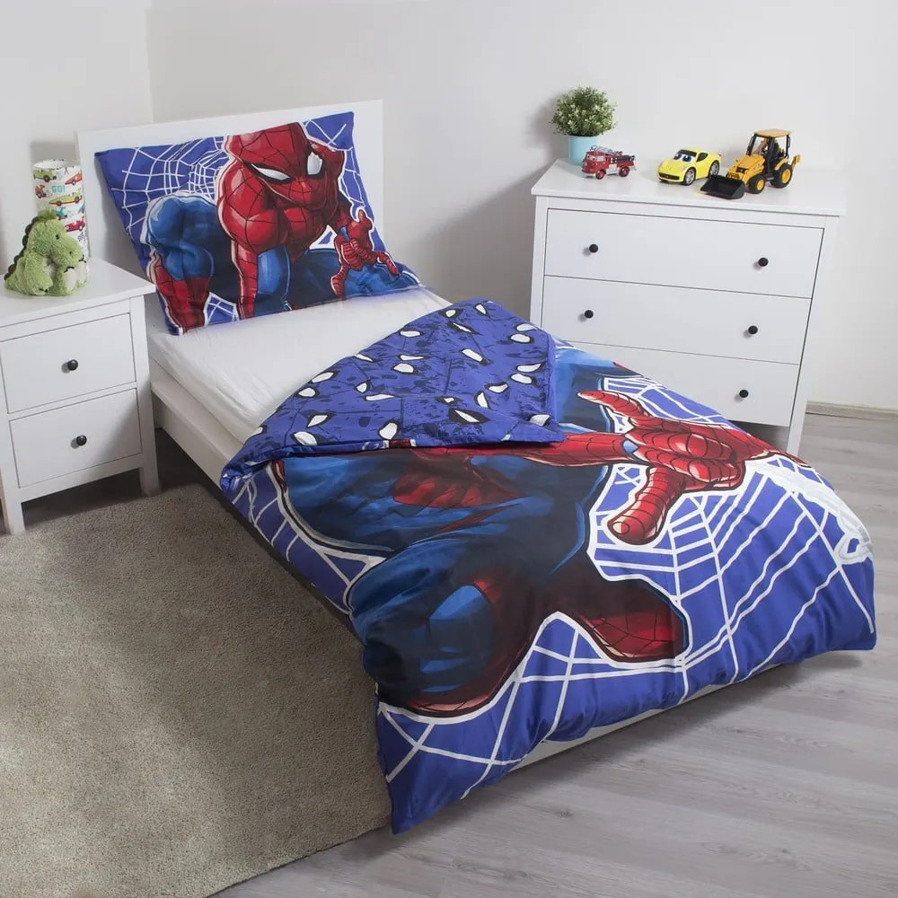 Lenjerie de pat fosforescentă pentru copii roșie-albastră din bumbac pentru pat de o persoană 140x200 cm Spider-man – Jerry Fabrics