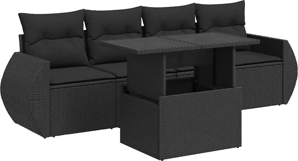 vidaXL Set mobilier de grădină cu perne, 5 piese, negru, poliratan