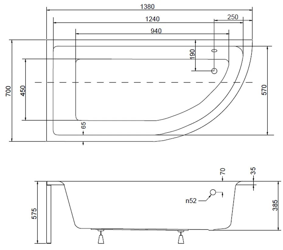 Cada baie asimetrica, acril, 140 x 70 cm, orientare stanga, Besco Praktika Stanga, 1400x700 mm
