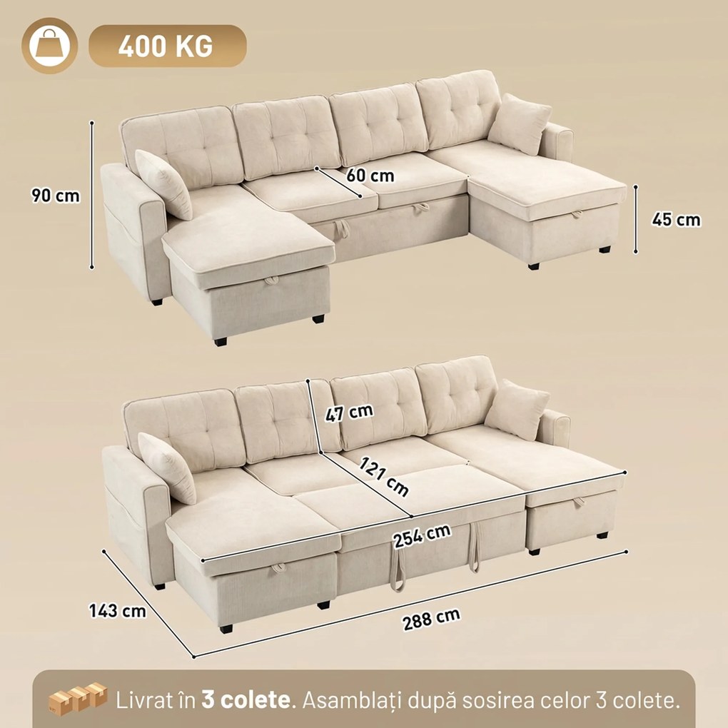 HOMCOM Colțar extensibil mare în formă de U, cu 2 șezlonguri, spații de depozitare și 2 perne, din șenilă, bej | Aosom Romania