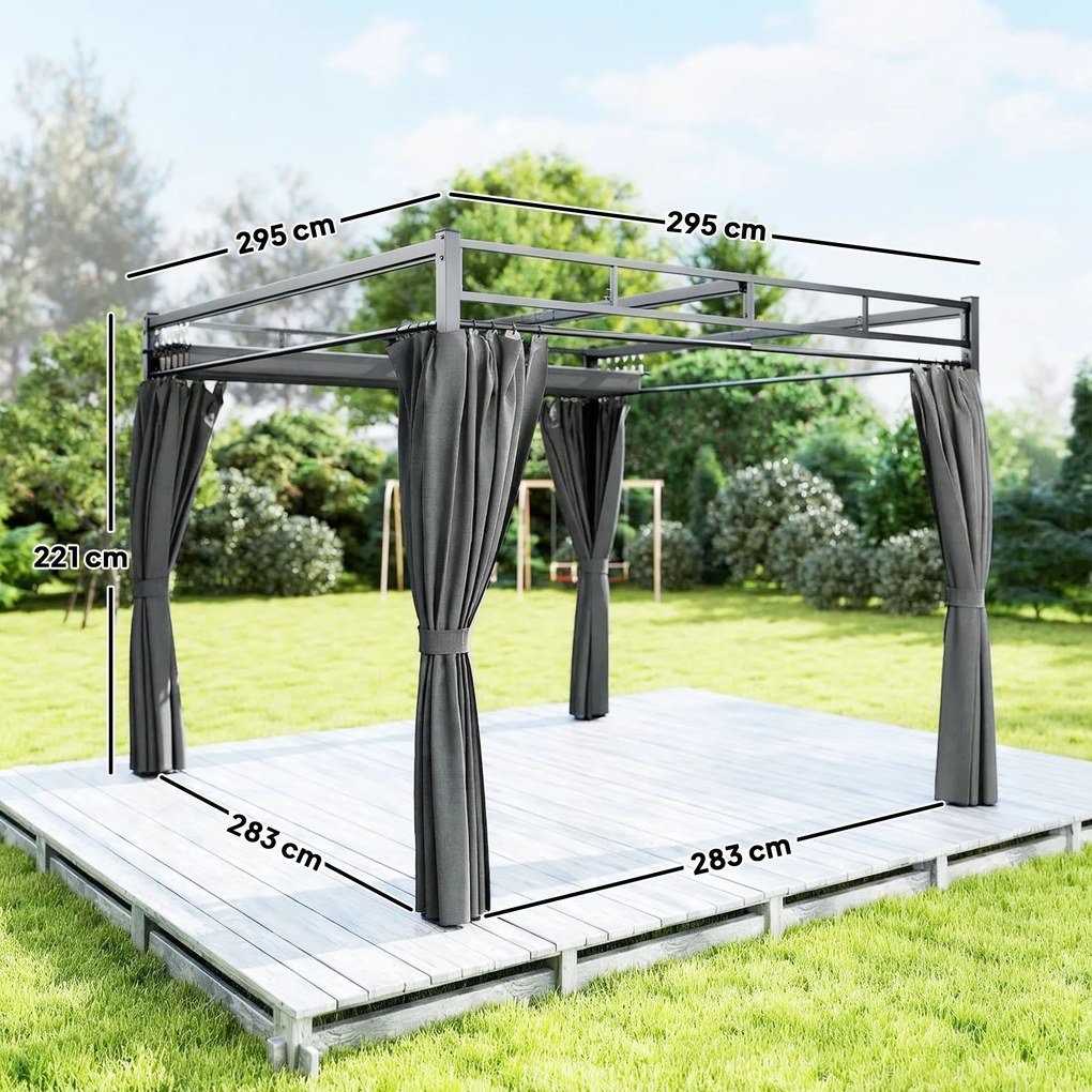 Outsunny Gazebo Pergolă 3x3 m cu Acoperiș Retractabil Glisant, 4 Pereți Laterali, Orificii de Drenare, Pergolă de Grădină din Poliester și Oțel, pentru Terasă, Curte, Exterior, UV30+, Gri Închis | Aosom Romania