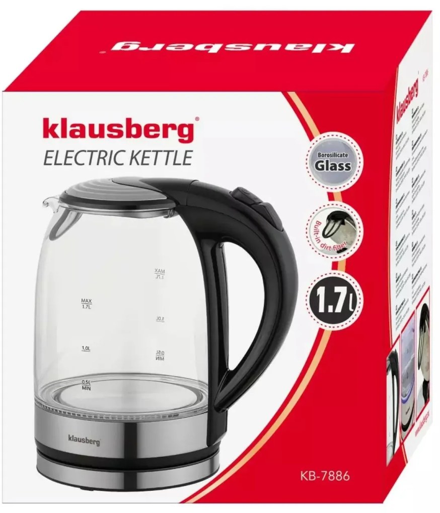 Fierbător electric din sticlă cu LED, 1.7 L, Klausberg KB-7886