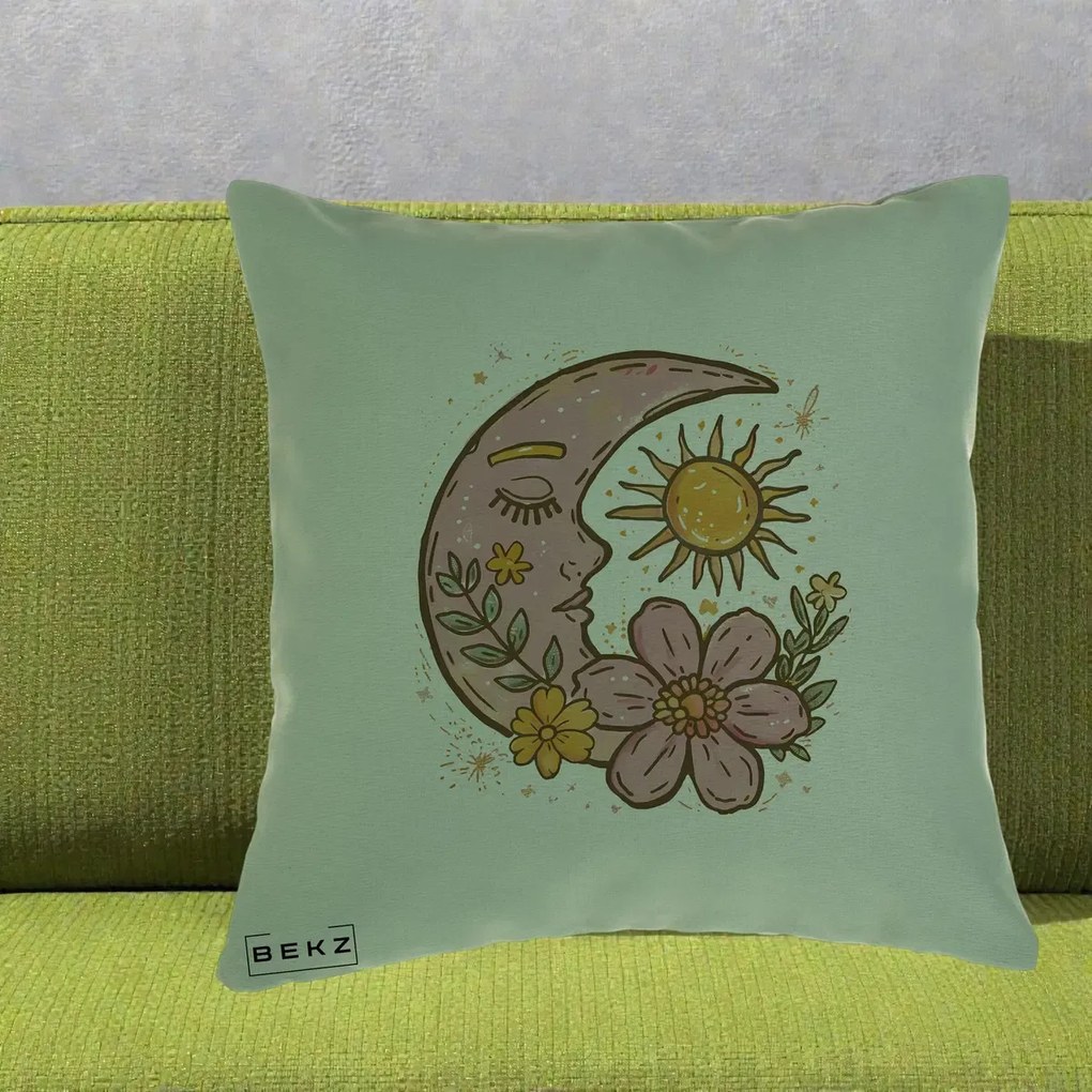 Perna Personalizata Luna si Soare Floral Boho, 40x40 cm, Verde, Husa Detasabila, Perna Inclusa, BEKZ®
