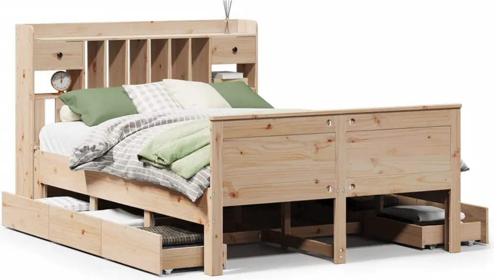 vidaXL Pat cu bibliotecă fără saltea, 150x200 cm, lemn masiv de pin