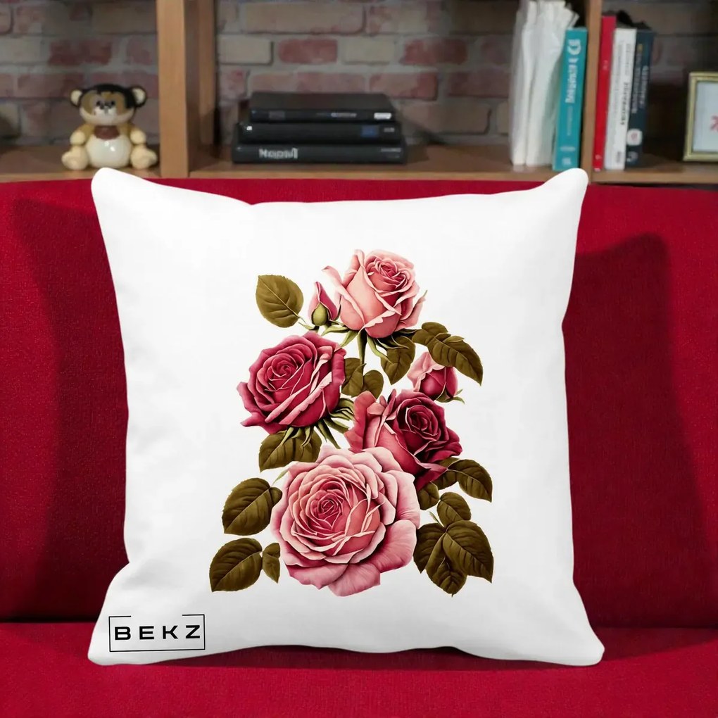Perna Decorativa Trandafiri Vintage Roz-Rosii, 40x40 cm, Alba Mata, Husa Detasabila, Perna Inclusa, BEKZ®