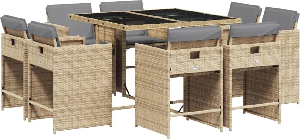 vidaXL Set de masă pentru grădină, 9 piese, cu perne, bej, poliratan