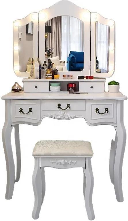 Set Elisabeta, Masă de toaletă cu 3 oglinzi iluminate LED, control touch, 5 sertare, scaun, Alb