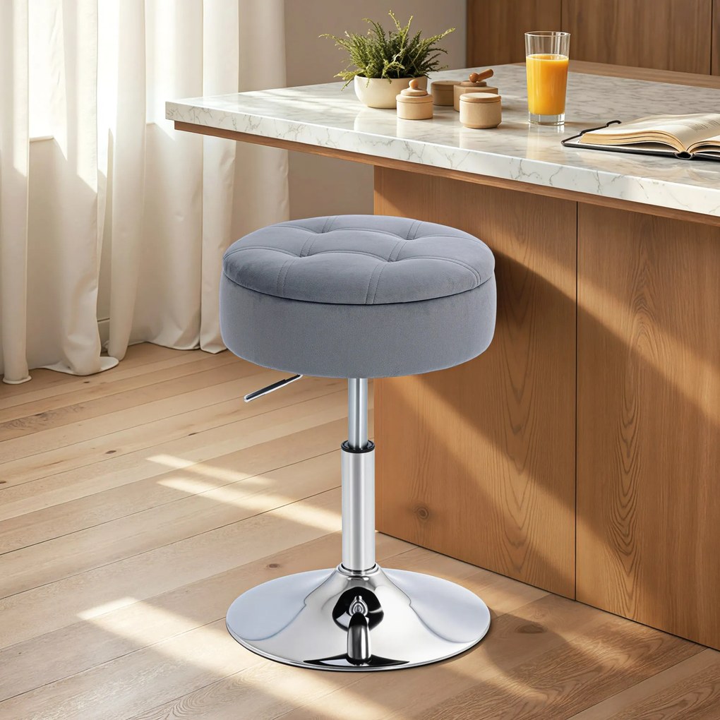 HOMCOM Round Bar Stool, Height Adjustable Swivel Pub Chair with Storage and Metal Base, Backless Tufted Makeup Stool for Breakfast Counter, Kitchen Island, Bedroom, Living Room, Grey | Aosom Romania