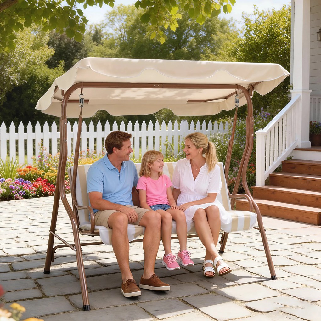 Outsunny Balansoar de grădină 3 locuri Acoperiș impermeabil Reglabil Perne șezut spătar maro, crem cu dungi | Aosom Romania