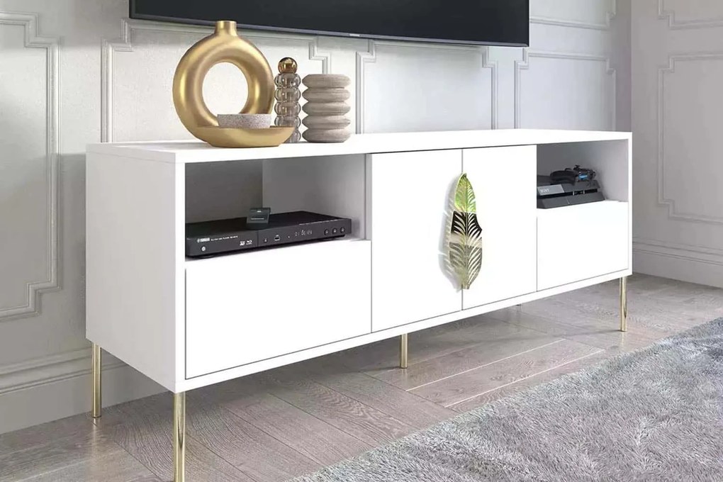 Comodă TV lemn masiv Merlin Personalizabilă Accesorii placate cu Aur, 136 × 40 × 60 cm - Alb
