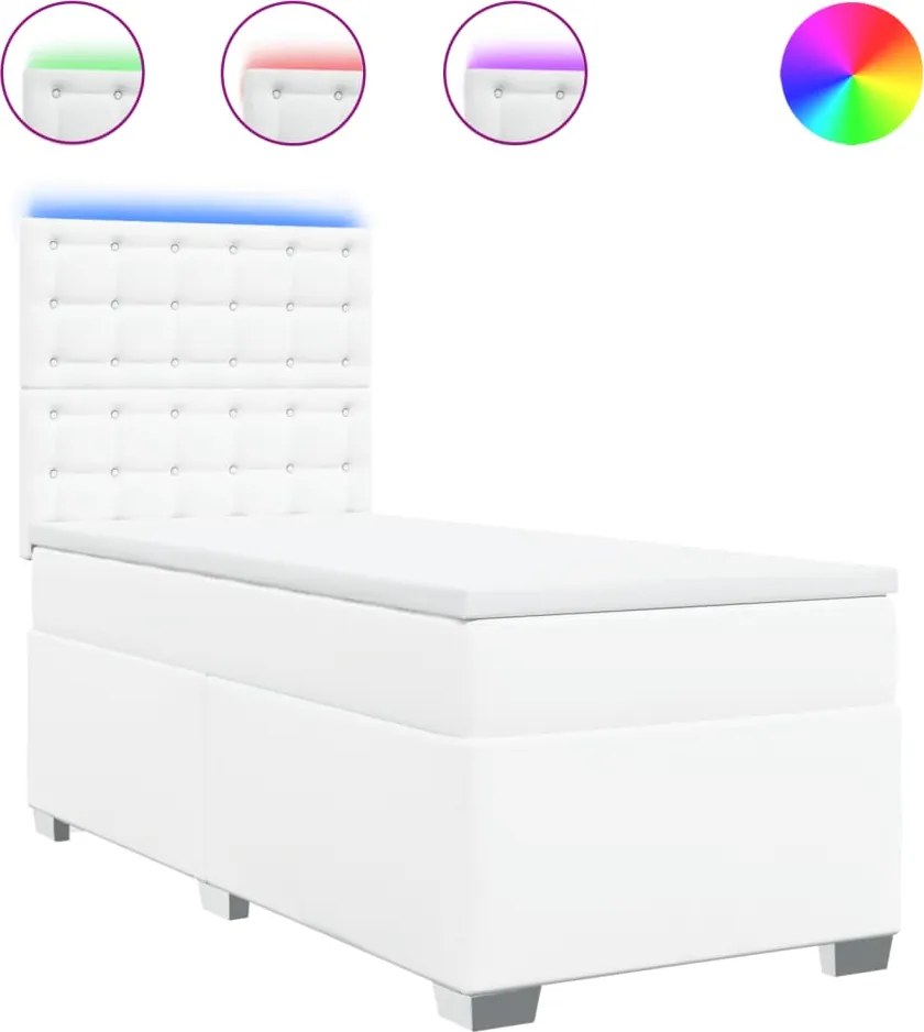 vidaXL Pat box spring cu saltea, alb, 90x200 cm, piele ecologică
