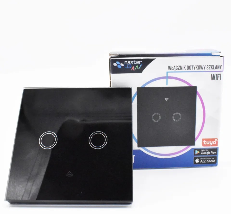 Intrerupator dublu smart, sticla securizata neagra, control Tuya, Masterled