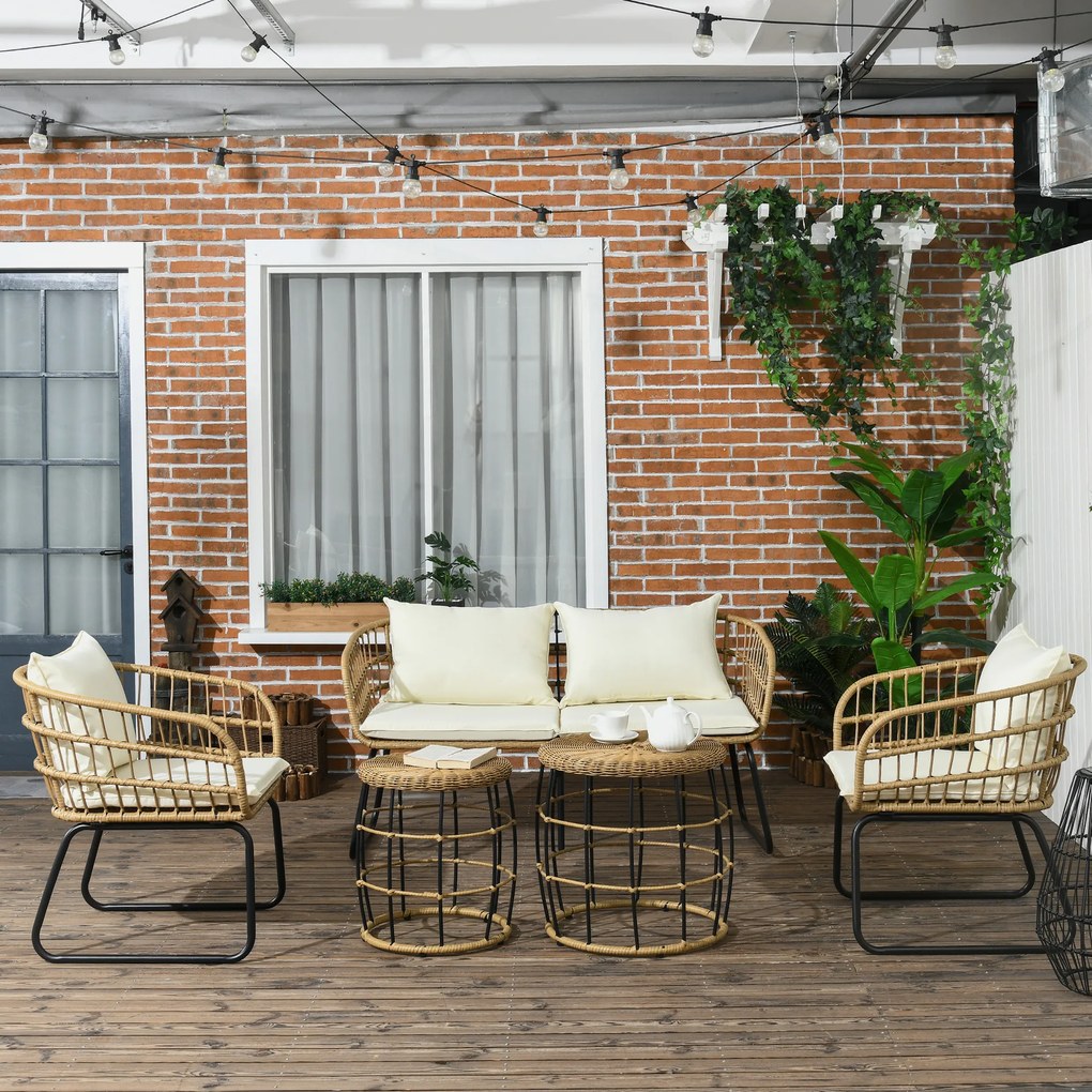 Outsunny Set de mobilier de grădină din răchită, Set de lounge pentru exterior, Stil Boho, Set de 5 piese, 145 x 70 x 78 cm, Crem + Natur + Negru | Aosom Romania
