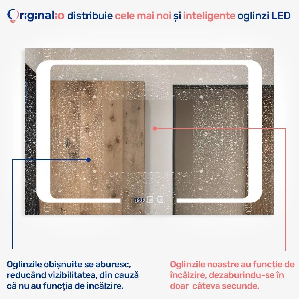 Oglindă LED Dreptunghiulară (90x60 cm), 3 Moduri Iluminare (Lumină Rece, Naturală, Caldă), Intensitate Reglabilă, Funcție Dezaburire, Ceas (Timer) și Termometru, Control Tactil (Touch)