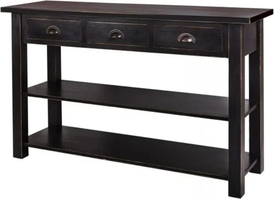 Consolă hol vintage din lemn de pin, negru, cu 3 sertare, 2 rafturi și mânere semirotunde din metal, 90 x 146 x 47 cm, „Paris”