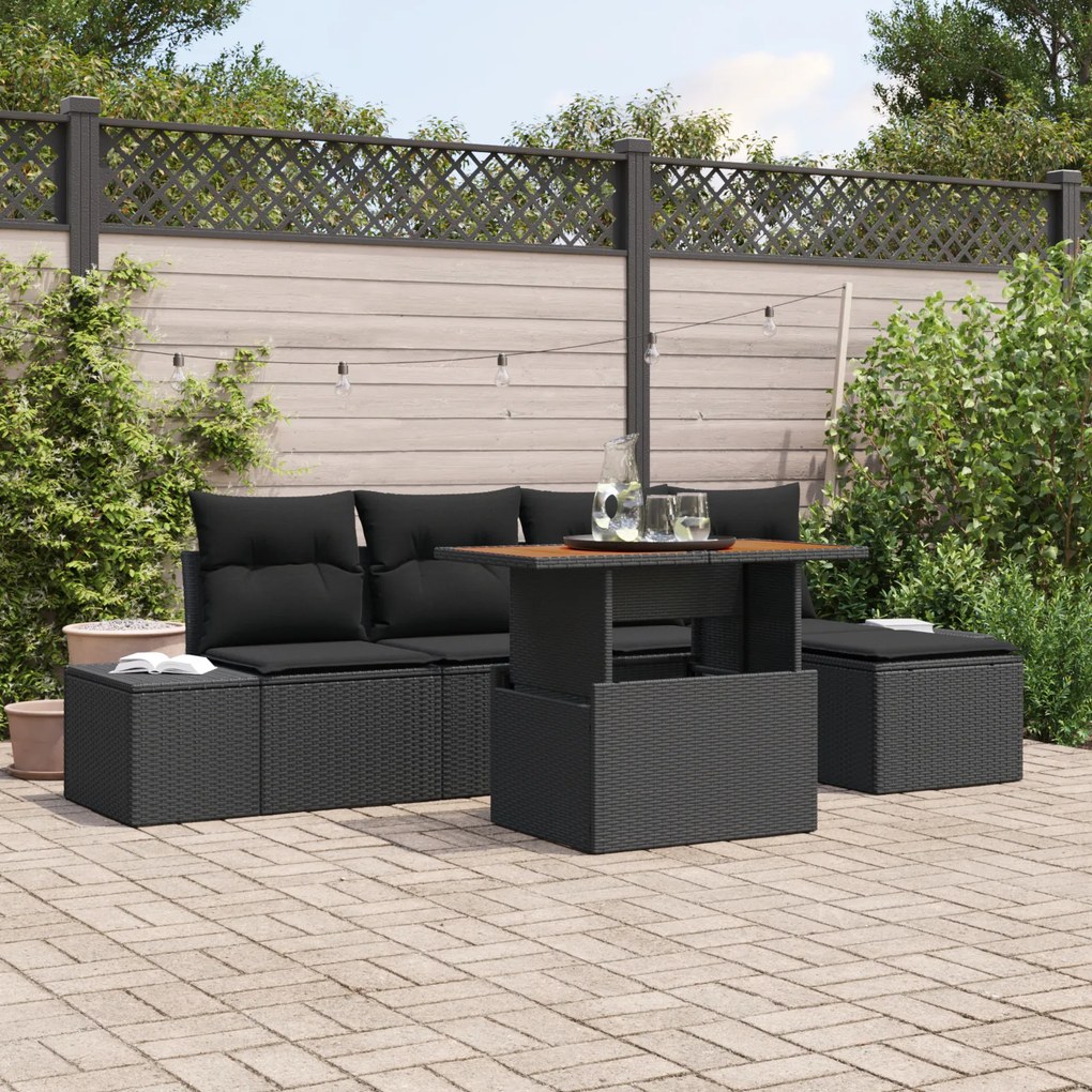 vidaXL Set grădină 6 piese cu perne, rattan negru lucios, acacia