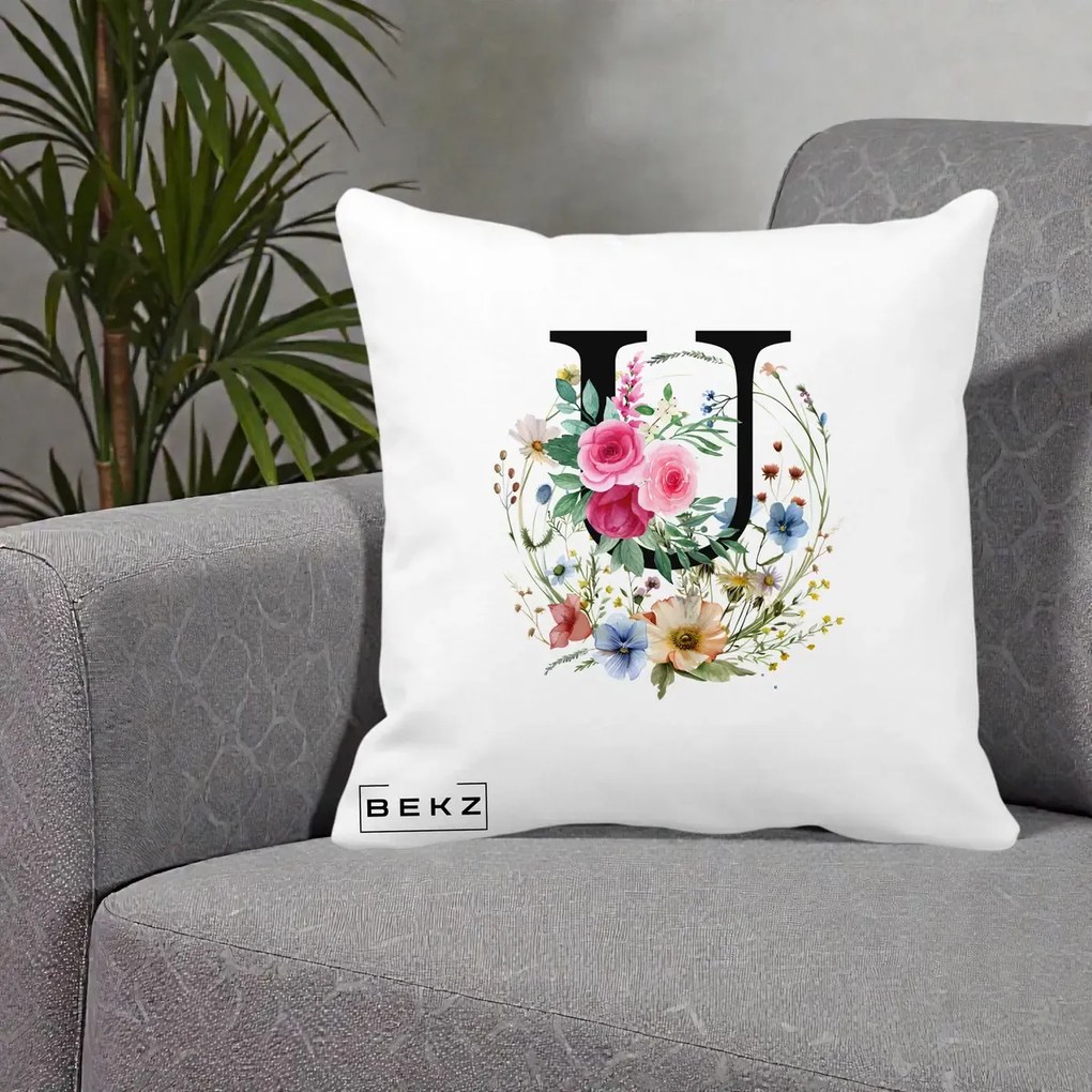 Cadou Personalizat - Perna Personalizata Monogram Litera U cu Flori Acuarela, 40x40 cm, Alba Mata, Husa Detasabila, Perna Inclusa, BEKZ®