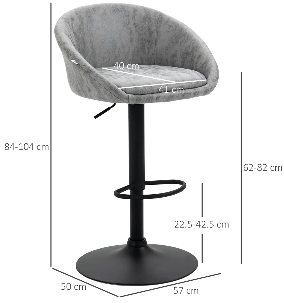 HOMCOM Set 2 Scaune Bar Rotative Piele PU Gri, Confortabile și Reglabile în Înălțime | Aosom Romania