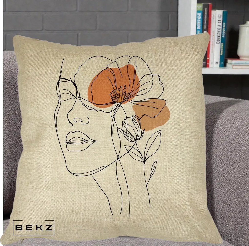 Perna Decorativa Portret Feminin Mac Profilat, 40x40 cm, Crem, Husa Detasabila, Perna Inclusa, BEKZ®