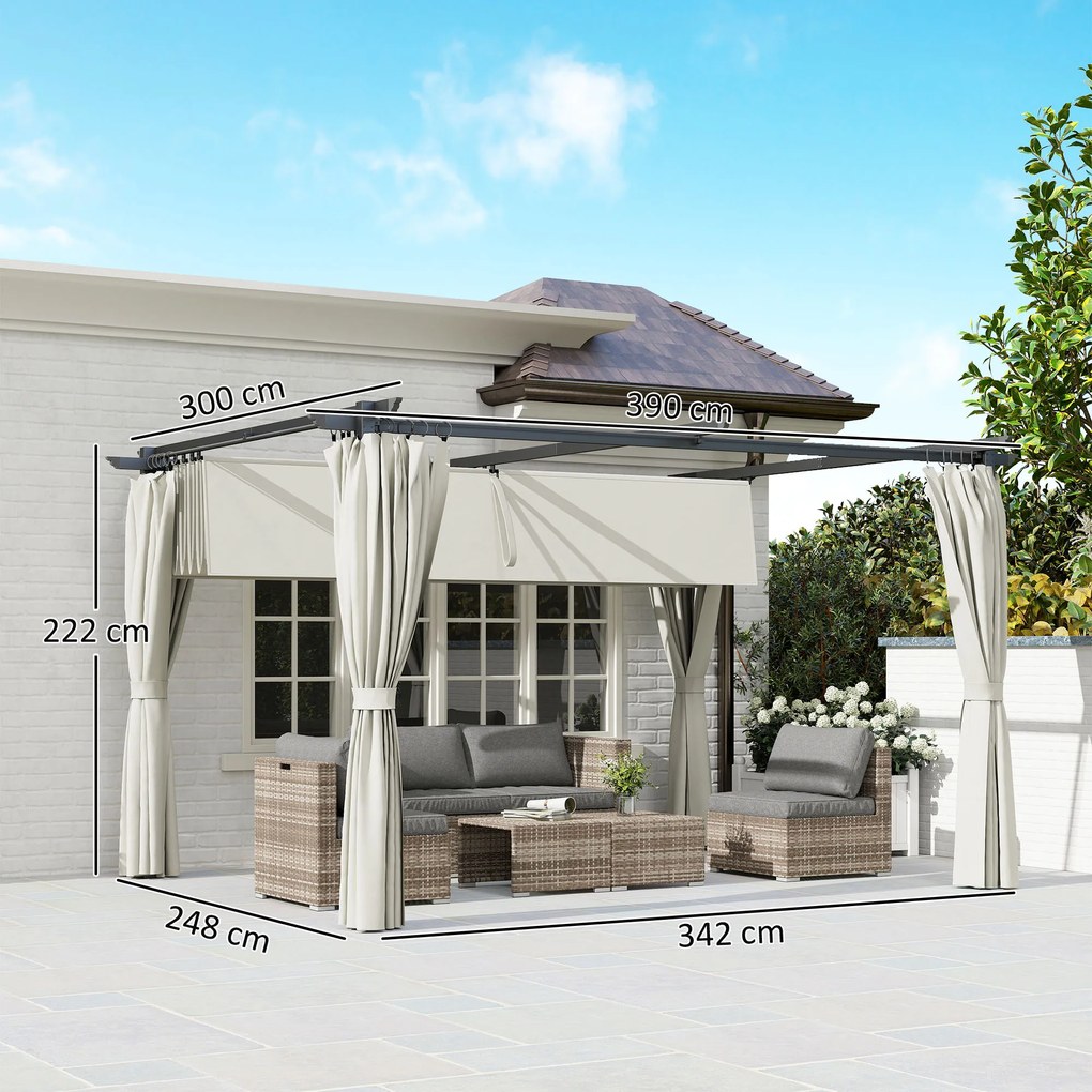 Outsunny Pergolă de grădină exterioară 3 x 4 m, acoperiș retractabil și perdele, anti-UV UPF30+, pentru grătar, patio, terasă, crem | Aosom Romania