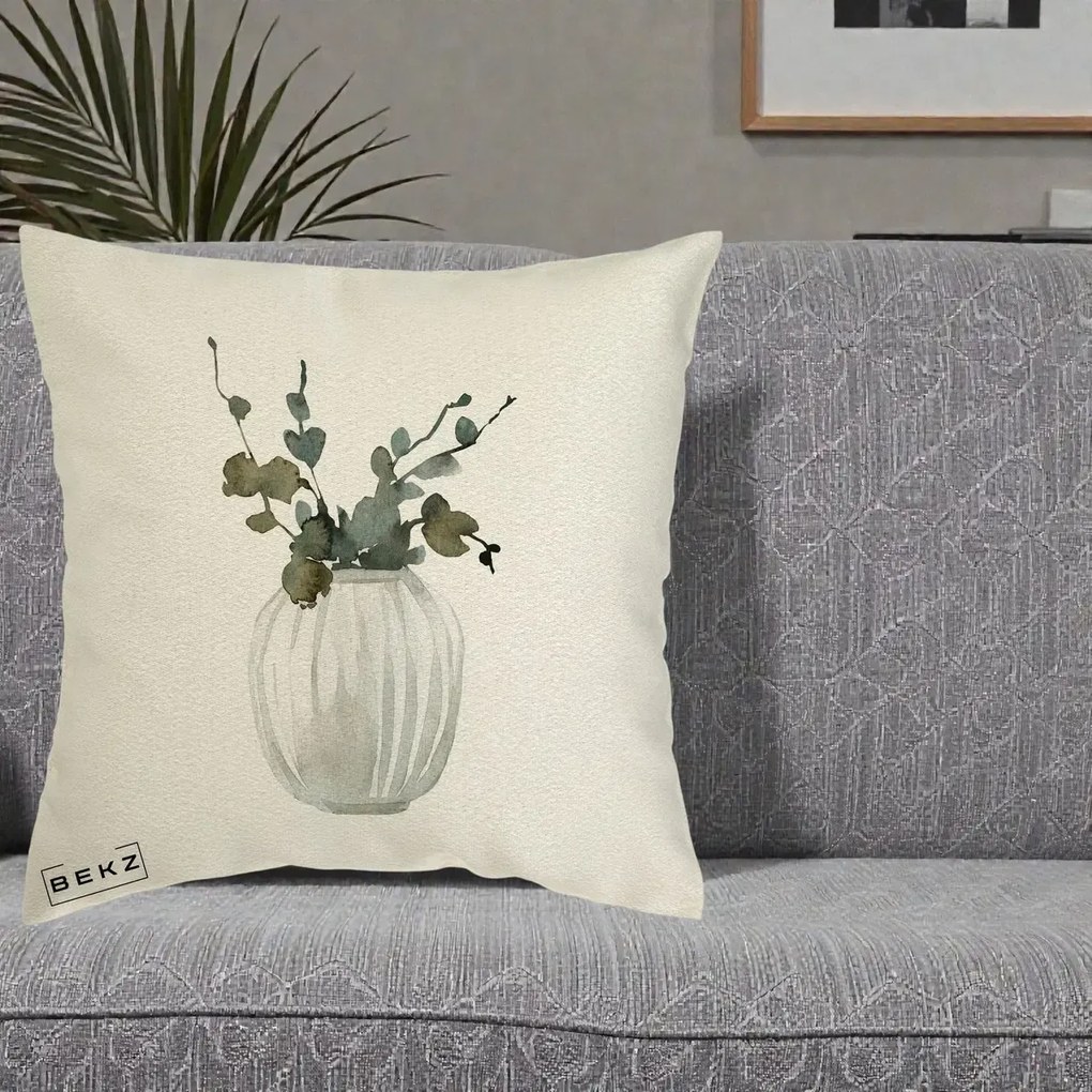 Perna Decorativa Vaza cu Eucalipt Watercolor, 40x40 cm, Ecru, Husa Detasabila, Perna Inclusa, BEKZ®