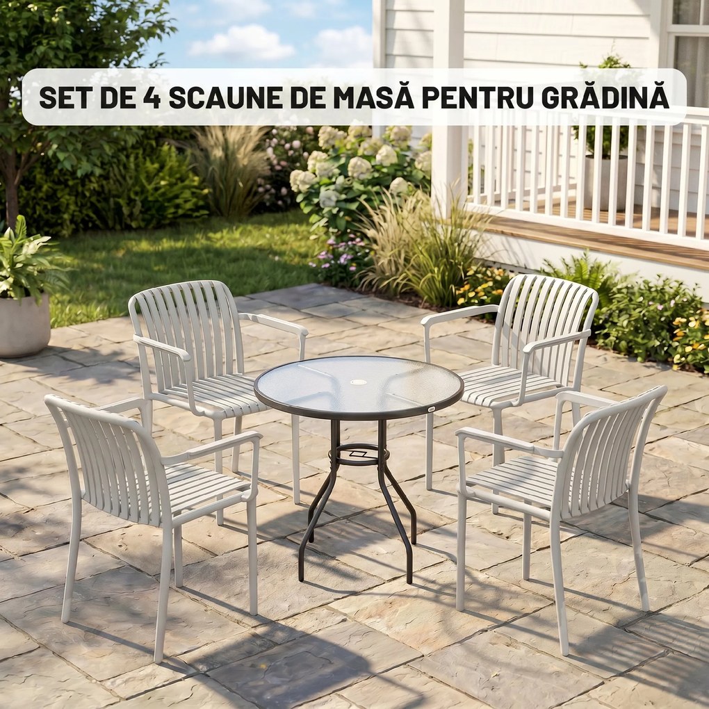 Outsunny Set 4 Scaune de Grădină Stackabile din Polipropilenă Anti-UV, Design Lamelar cu Cotiere, pentru Terasă Balcon Exterior Interior, Gri | Aosom Romania