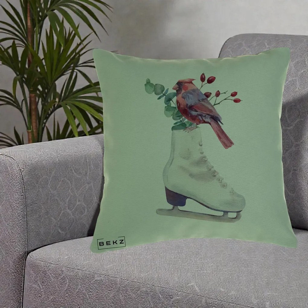 Perna Decorativa Cardinal Rosu pe Patina de Gheata, 40x40 cm, Verde, Husa Detasabila, Perna Inclusa, BEKZ®